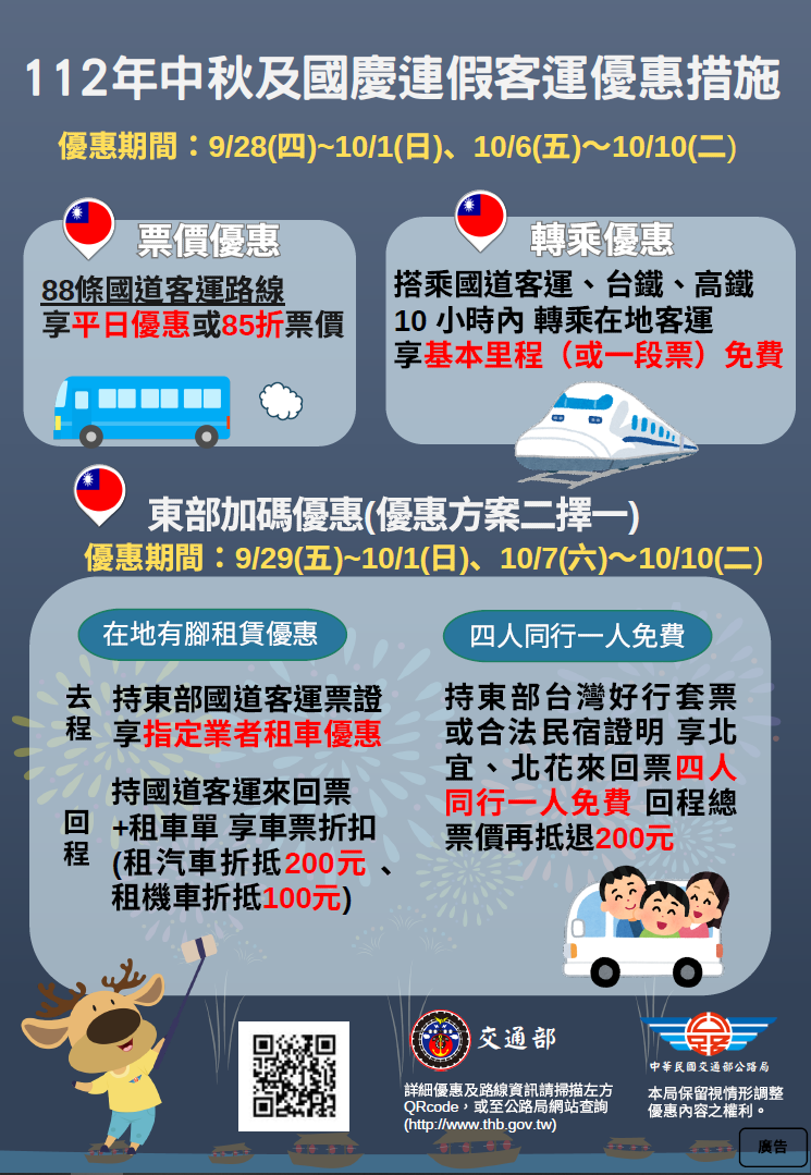 112年中秋節及國慶連假客運優惠措施